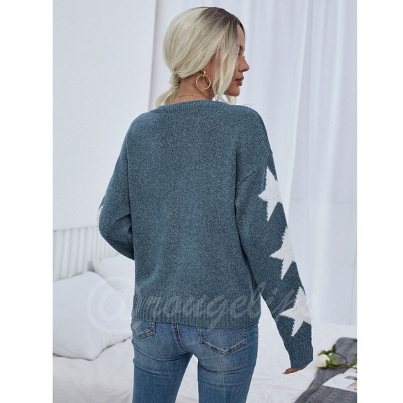 Star Print Knit Sweater Pullover Long Sleeve White on Blue - Picture 6 of 7